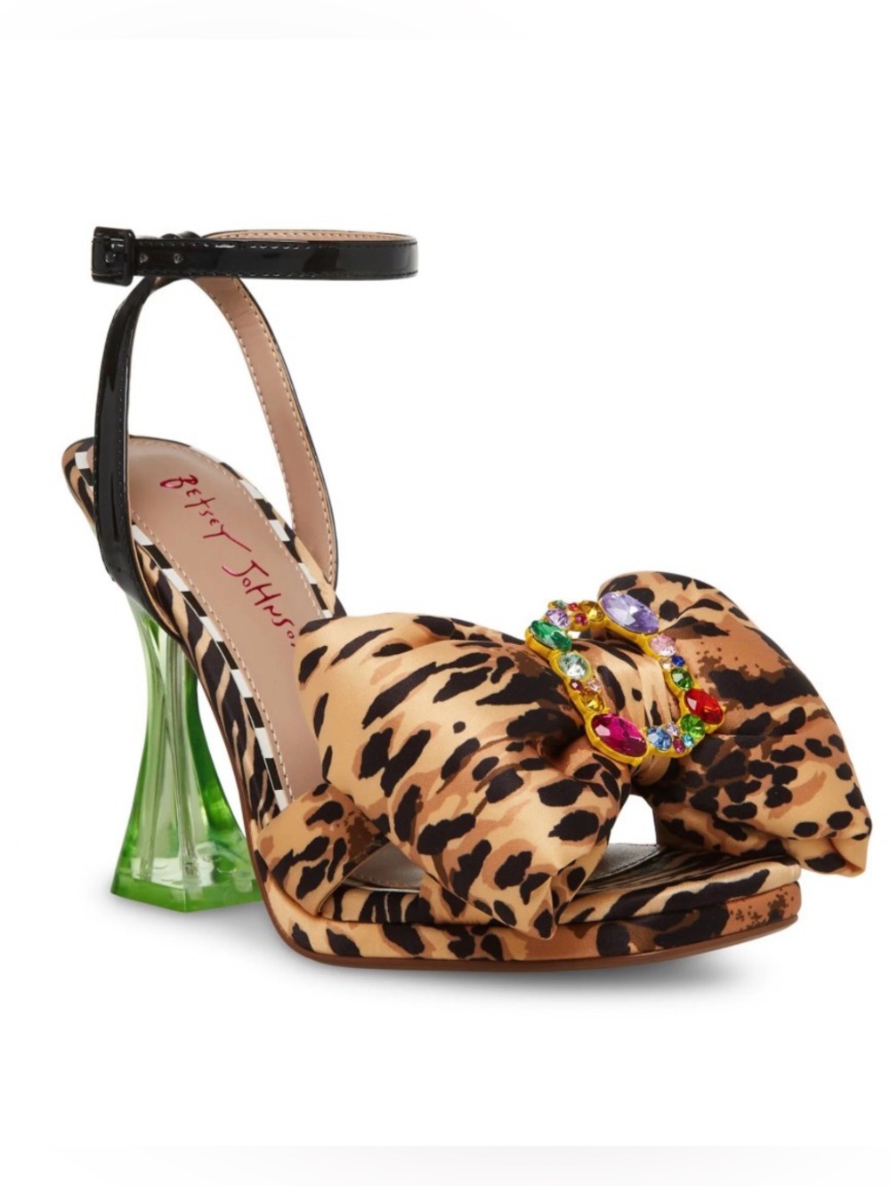 Betsey Johnson Leopard Satin Pumps Jeweled Bow Lime Green Heels Women’s Size 5.5
